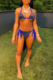 Blue Sexy Sweet Patchwork Draw String Swimwears