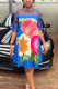 Navy Blue Sexy Fashion Cap Sleeve Half Sleeves O neck A-Line Knee-Length Print Patchwork Print Dresses