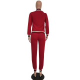 Red Elastic Fly Mid Patchwork pencil Pants Two-piece suit