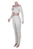 Grey Sexy Casual Solid Strap Design Bateau Neck Long Sleeve Two Pieces