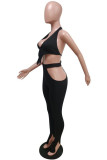 Black Fashion Sexy Solid Hollowed Out Backless Halter Sleeveless Two Pieces