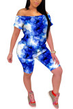 Blue Fashion adult OL Patchwork Print Tie Dye Two Piece Suits pencil Short Sleeve Two Pieces