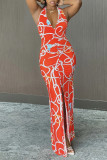 Red Fashion Sexy Print Backless Slit Halter Sleeveless Dress