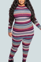Stripe Casual Sheep plush Striped Print Patchwork O Neck Plus Size 