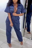Navy Blue Casual Pocket Solid zipper Short Sleeve Half-Open collar Jumpsuits