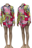 Tangerine Casual Print Patchwork Shirt Collar Long Sleeve Two Pieces