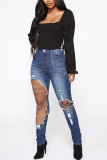 Dark Blue Casual Solid Ripped Buttons High Waist Regular Denim