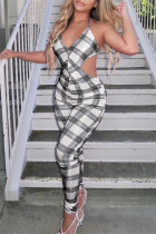 Grey Fashion Sexy Plaid Print Backless Strap Design V Neck Skinny Jumpsuits