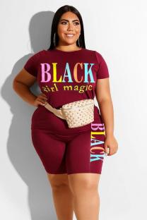 Wine Red Fashion Casual adult O Neck Letter Patchwork Print Two Piece Suits Stitching Plus Size