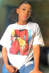 White O Neck Short Sleeve Patchwork Print Tees & T-shirts