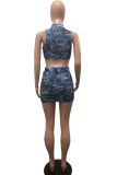 Blue Sexy Print Patchwork Mandarin Collar Sleeveless Two Pieces