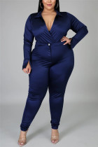 Tibetan Blue Fashion Casual Solid Basic Turtleneck Plus Size Set