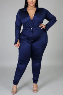 Tibetan Blue Fashion Casual Solid Basic Turtleneck Plus Size Set
