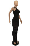 Red Sexy Casual Solid Hollowed Out Fold One Shoulder Sleeveless Dress