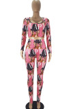 colour Fashion Casual Adult Print Patchwork Square Collar Long Sleeve Regular Sleeve Short Two Pieces