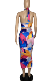 Blue Sexy Print Patchwork Halter Sleeveless Two Pieces