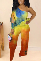 Orange Fashion Street Adult Milk Fiber Tie Dye Tie-dye One Shoulder Loose Jumpsuits