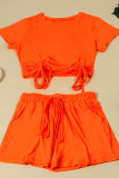 Rose Red Fashion Casual Solid Bandage O Neck Short Sleeve Two Pieces