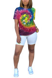 White Blue Yellow purple colour O Neck Short Sleeve Patchwork Print Character Tops