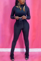 Black Sexy Casual Blends Solid Draw String Slit Fold Half A Turtleneck Long Sleeve Regular Sleeve Short Two Pieces