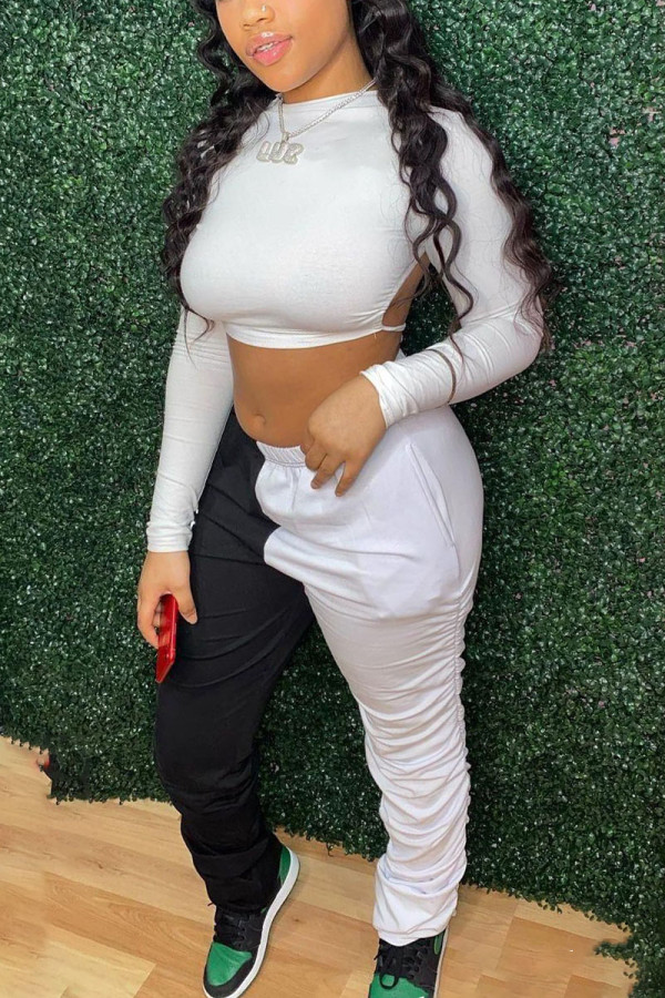 White Sportswear Solid Patchwork Backless O Neck Long Sleeve Two Pieces