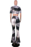 Grey Sexy Fashion Patchwork Print Tie Dye Boot Cut Short Sleeve Two-piece Pants Set