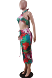 Red Sexy Print Hollowed Out Halter Sleeveless Two Pieces