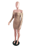 Pink Casual Solid Hollowed Out Off the Shoulder Pencil Skirt Dresses