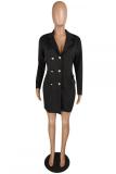 Black Fashion adult Casual Cap Sleeve Long Sleeves Notched Step Skirt Mini fastener Pocket Patch