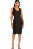 Black Sexy Cap Sleeve Short Sleeves V Neck Step Skirt Knee-Length Solid