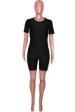 Black Casual Solid Patchwork O Neck Short Sleeve Two Pieces