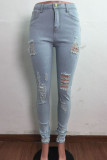 The cowboy blue Street Solid Ripped Make Old Mid Waist Skinny Denim Jeans