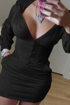 Black Fashion Casual Adult Solid Patchwork Hooded Collar Long Sleeve Mini Long Sleeve Dress Dresses