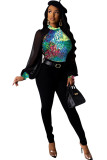 Brown O Neck Long Sleeve Print Patchwork