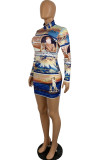 Blue Milk. Sexy Cap Sleeve Long Sleeves O neck Pencil Dress skirt Print 