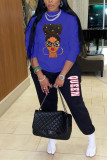 Deep Blue Fashion Casual Print Basic O Neck Long Sleeve Two Pieces