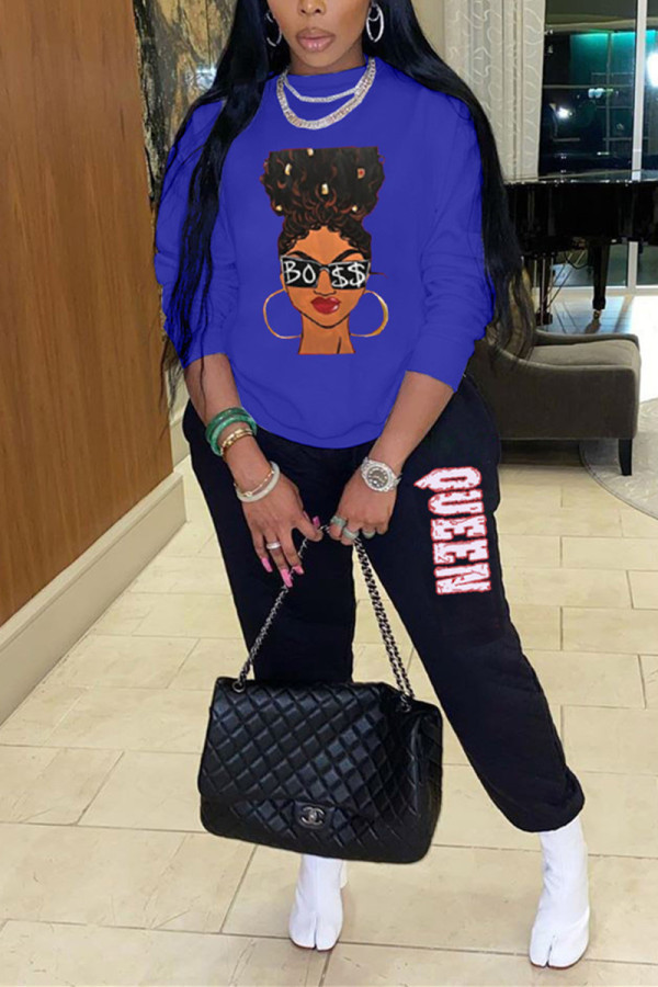 Deep Blue Fashion Casual Print Basic O Neck Long Sleeve Two Pieces