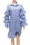 Red Fashion Long Sleeves Turndown Collar Asymmetrical Knee-Length ruffle hollow out Striped 