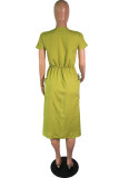 Light Green Fashion Sexy Cap Sleeve Short Sleeves O neck Straight Knee-Length Solid Patchwork fastener