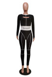 Pink Casual Striped Embroidered Patchwork O Neck Long Sleeve Two Pieces