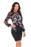 Black Fashion Long Sleeves O neck Straight Mini lace Patchwork Print 