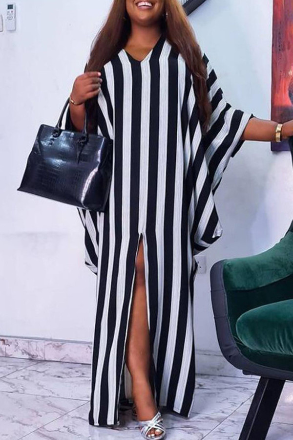 Black Street Striped Print Patchwork Slit V Neck Irregular Dress Plus Size Dresses