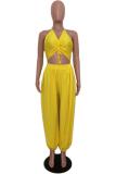 Black Fashion Sexy Solid bandage Backless Slip Jumpsuits