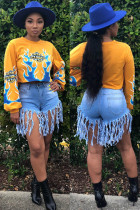 Yellow O Neck Print Print Long Sleeve Sweats & Hoodies
