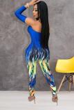 Blue Fashion street Print Hollow bandage Three Quarter Wrapped Jumpsuits