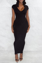 Black Sexy Solid Patchwork Backless Slit Zipper V Neck Pencil Skirt Dresses