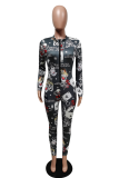 Khaki Sexy Print Patchwork Zipper Collar Skinny Jumpsuits