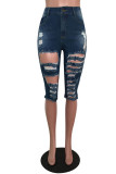 Sky Blue Button Fly High Hole Solid Asymmetrical Pocket Skinny Capris Shorts