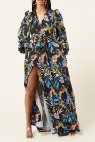 Yellow Sexy Print High Opening V Neck Irregular Dress Dresses