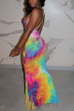 colour Fashion Sexy adult Ma'am colour Spaghetti Strap Sleeveless Slip Hip skirt Floor-Length Print backless Dresses